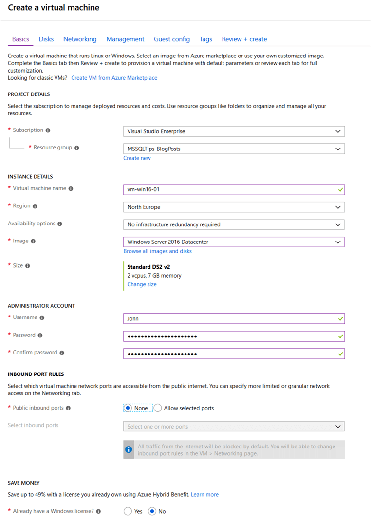 Azure Portal - Create VM (Basics) VM Creation wizard with basic information for VM creation.