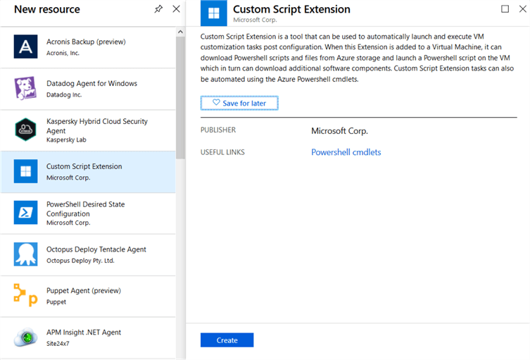 Azure Portal - Custom Script Extension Selecting the Custom Script Extension.