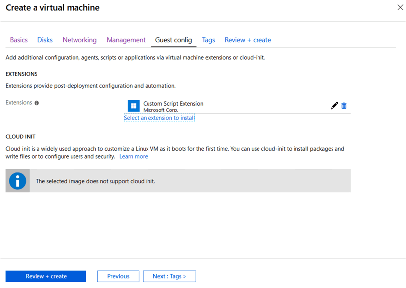Azure Portal - Create VM (Completed Guest Config) Finalized Custom Script Extension.