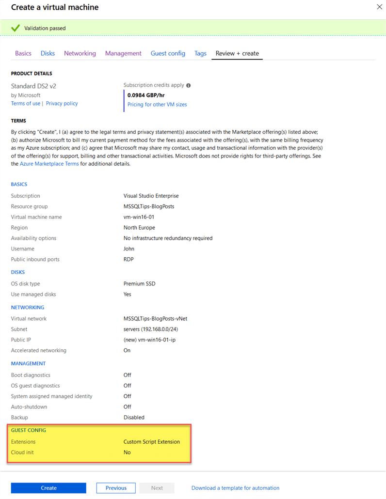 Azure Portal - Create VM (Review) Full VM configuration ready for review ahead of creation.