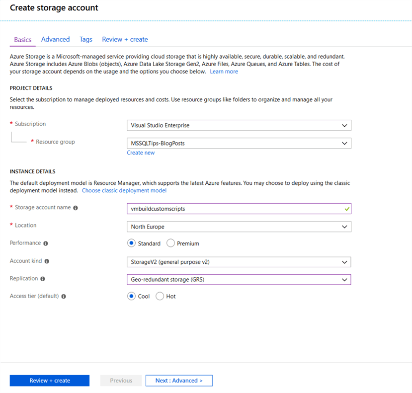 Create Storage Accoun Azure storage account for containing scripts.