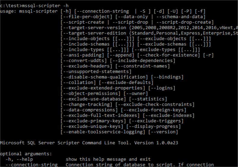 Display the basic help info with -h parameter of mssql-scripter tool