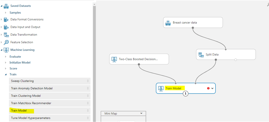 We add training model and connect the split data and machine learning model to training module.