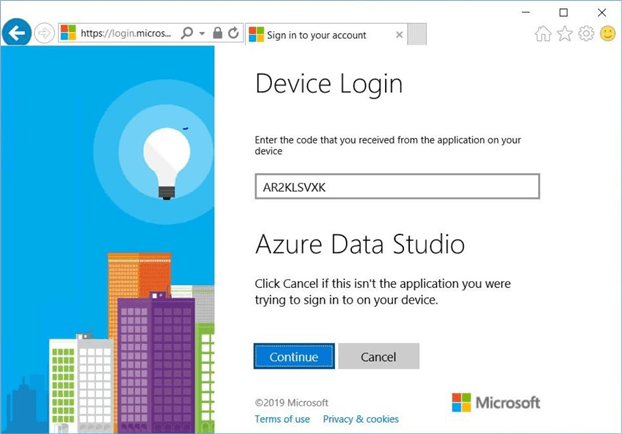 Azure Data Studio - Install Program - Device Login - Use the code to validate the laptop.