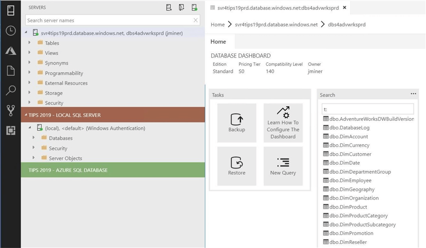 Azure Data Studio - Install Program - Manage Server - User the manage sub menu to review top level objects in the database.