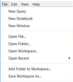 Azure Data Studio - Install Program - Explorer Menu Options - The file menu contains a superset of the Explorer menu actions.
