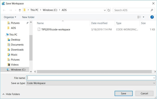 Save the current workspace to the c:\ads directory.