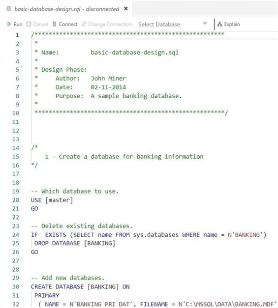 Azure Data Studio - Install Program - Sample Banking Database - Execute the on premise script to create the first Banking database.