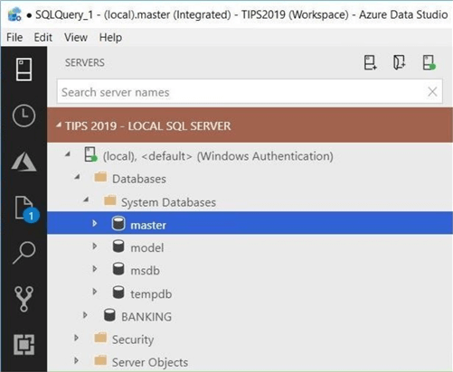 Azure Data Studio - Install Program - Server Menu - List Databases - The current system and user databases that are part of the SQL Server 2019 local install.