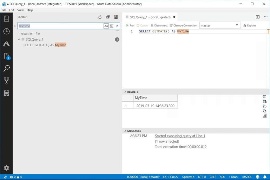 Azure Data Studio - Install Program - Search Menu - The search menu looks for string patterns in workspace folder files and open queries.  These queries might even be not saved yet.