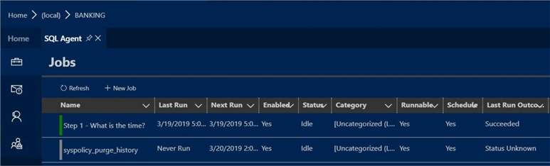 Azure Data Studio - Install Program - Add New Job - The new job runs every minute to show the current date and time.