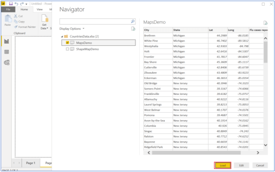 Populating data in Power BI Desktop.