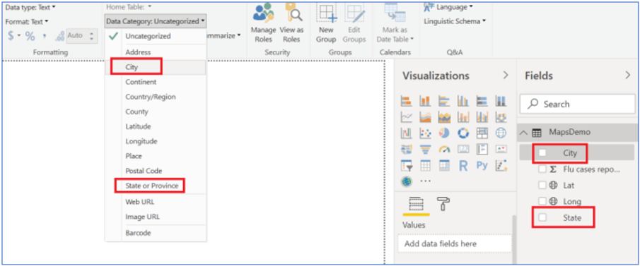 Categorizing city and state data in modeling tab in Power BI Desktop.