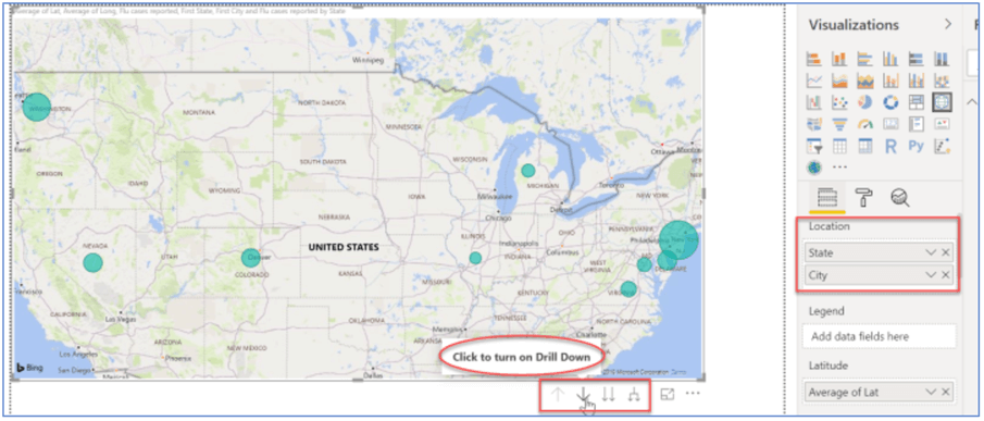 Drill down in bubble map visualization in Power BI Desktop.