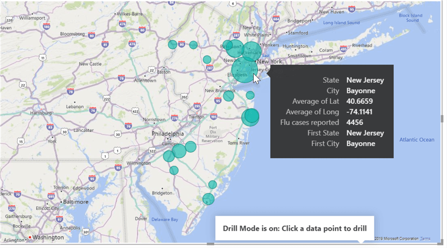 Drill-down in bubble map visualization in Power BI Desktop.