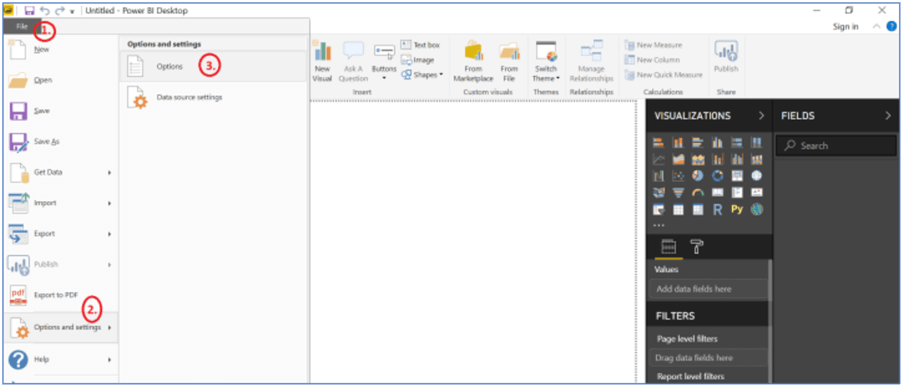 Select options and settings in Power BI Desktop.