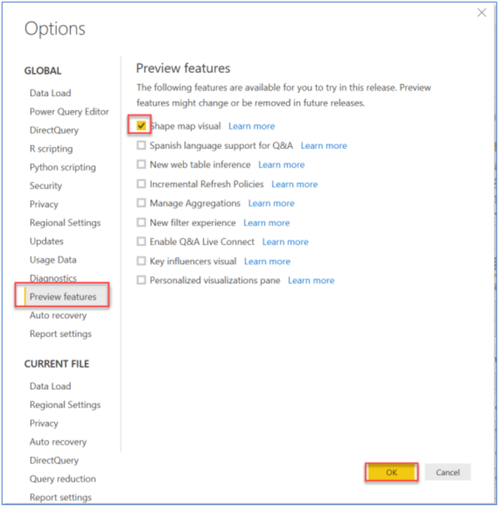 Enabling Shape Map visual in Power BI Desktop.