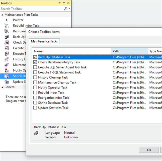 Maintenance Plan Designer Toolbox options