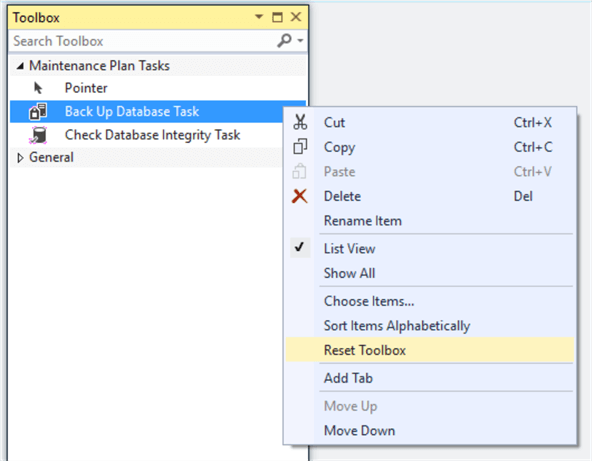 Maintenance Plan Designer Toolbox reset