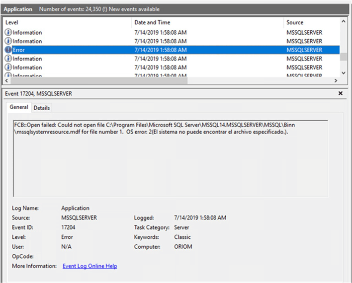 Event Log shows that file mssqlsystemresource.mdf is not found.