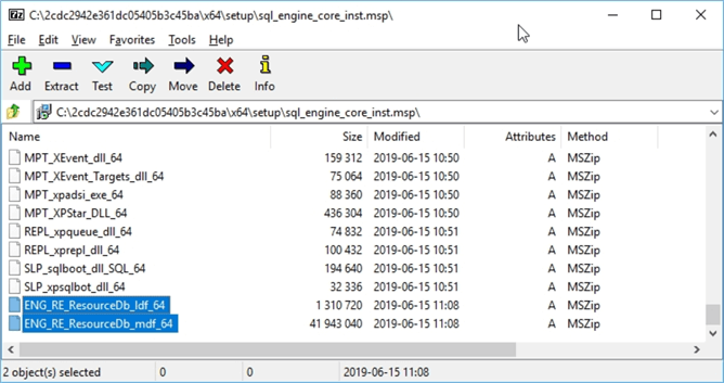 The compressed file sql_engine_core_inst.msp contains the resource database files.