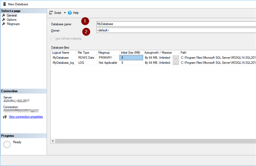New database general options