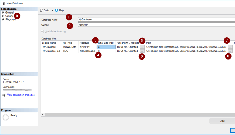 Name new database plus changes to default options
