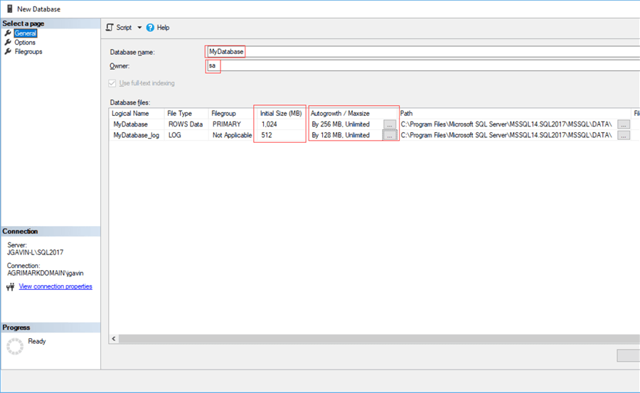Name new database plus changes to default options with changes made