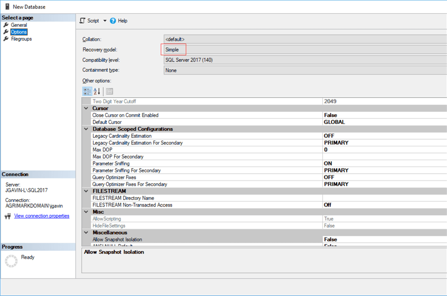 Other database options with changes made