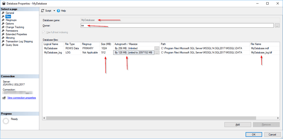 Database properties Files tab