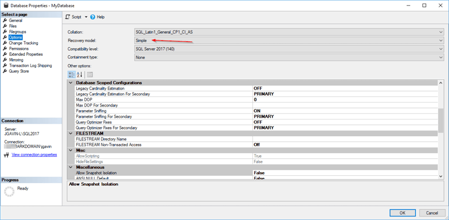 Database properties Options tab