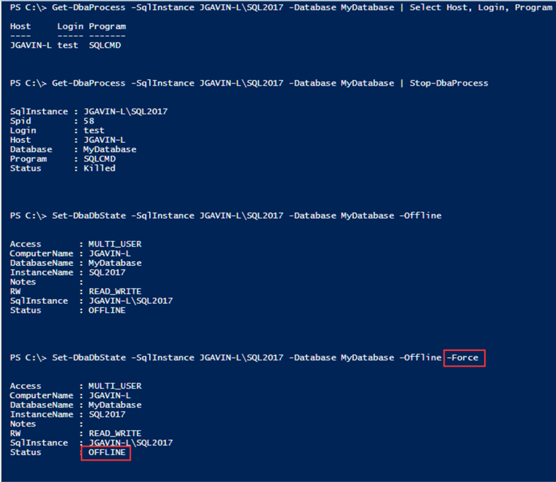 Force database offline