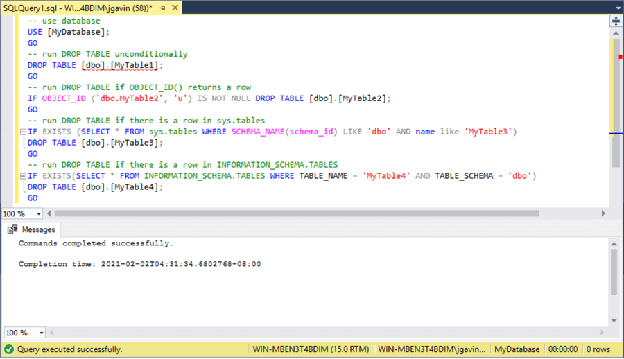 run DROP TABLE on tables that exist