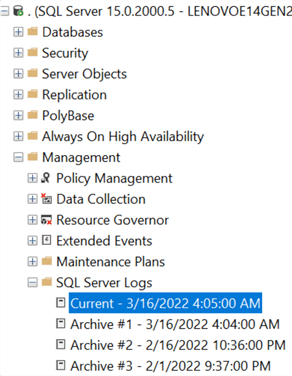 The SQL Server logs are visible in SSMS under Server Management SQL Server Logs