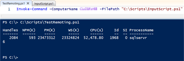 This PowerShell script execution also happens on a target server that was, again, blurred out in the screenshot.