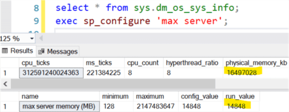 MaxServer Setting physical mem=16GB Max memory=14848 MB