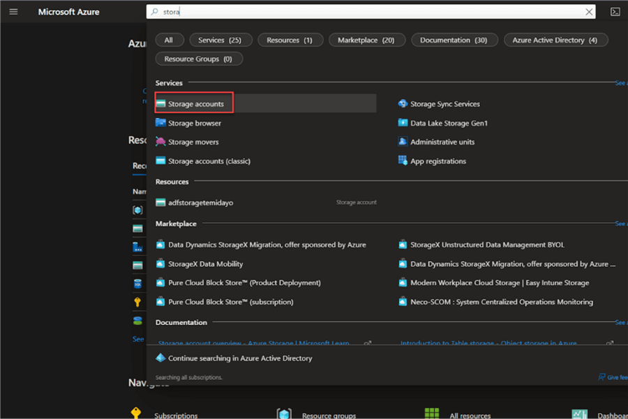 Storage Account Search and create storage account