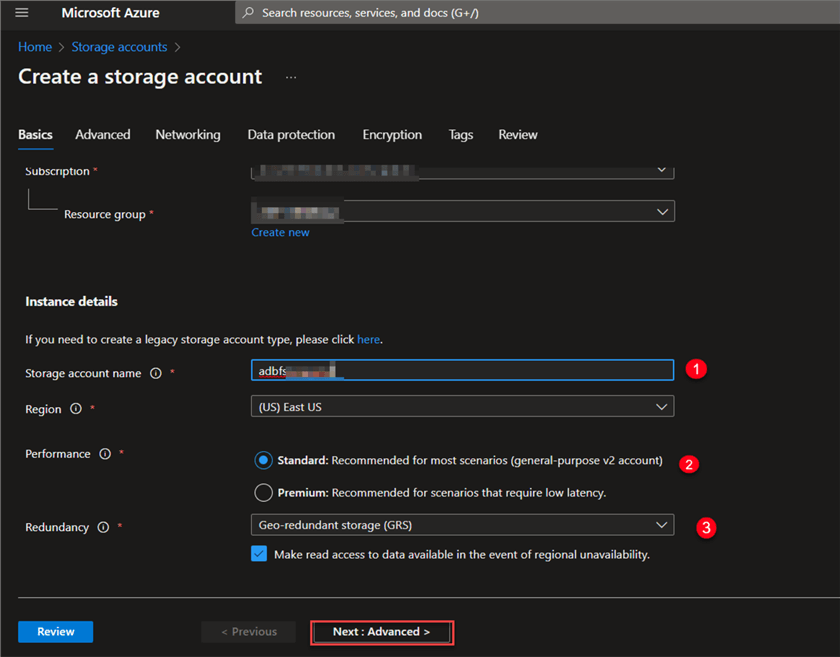 Storage Account Setup Setting up the Instance Detail.