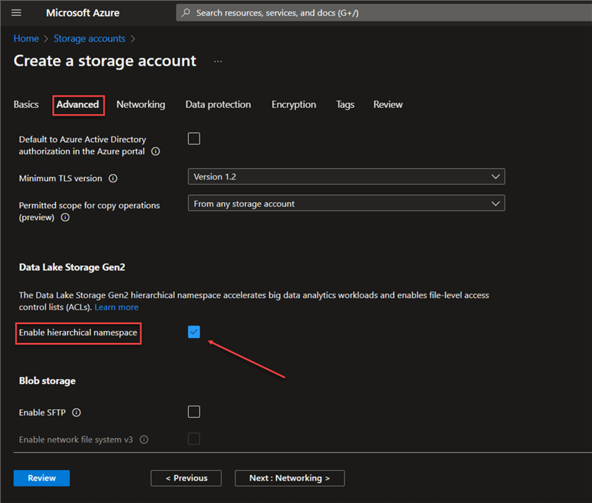 Advance Setup Enable hierarchical namespace
