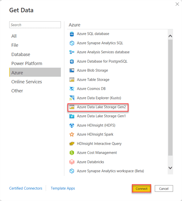Power BI Data Lake Storage Gen2 Conne tor Get data from Gen2 connector