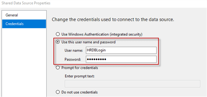 shared data source properties credentials