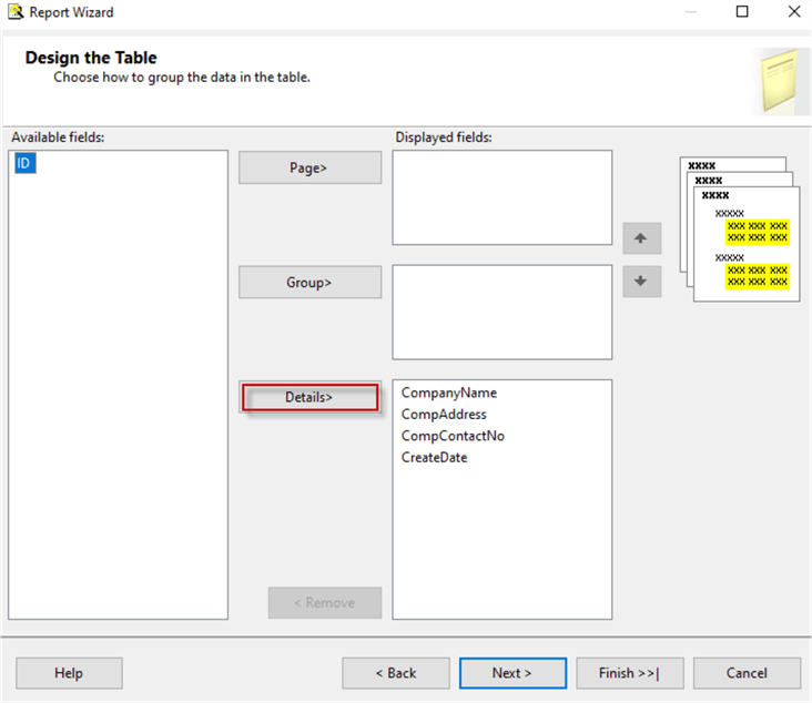 report wizard design the table