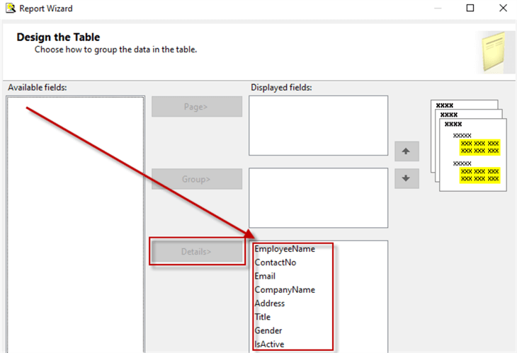 report wizard design the table