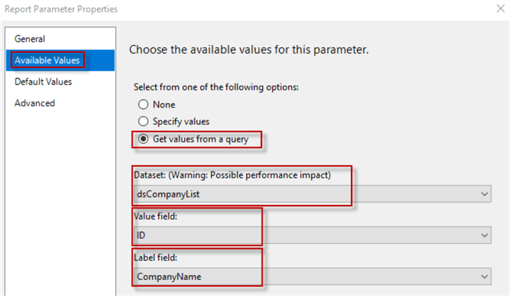 report parameter properties