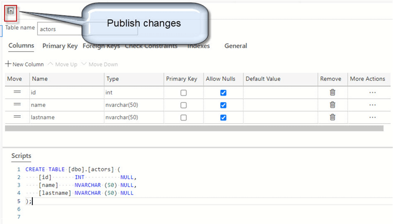 Publish changes in Azure Data studio