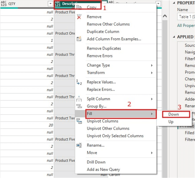 How to fill down the Description column