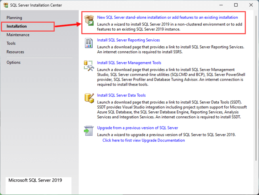 sql sever 2019 express edition installation center