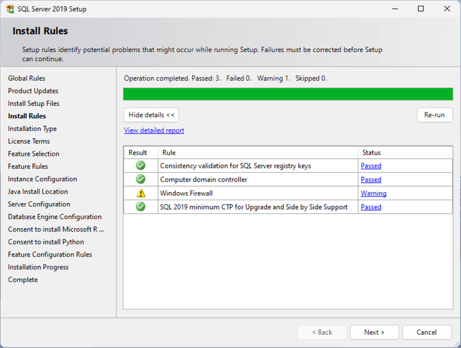 sql sever 2019 express edition install rules