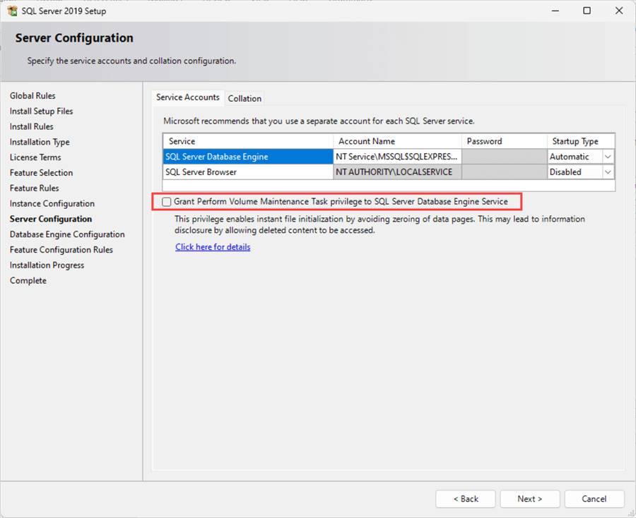 sql sever 2019 express edition install server configuration