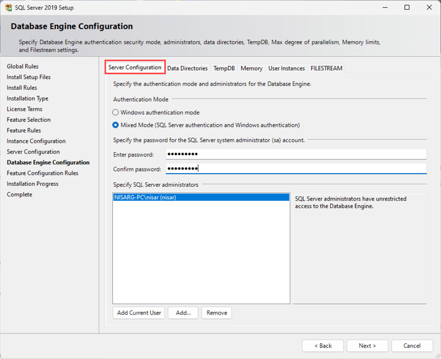 sql sever 2019 express edition install database engine configuration